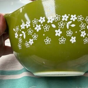 Crazy Dazy Pyrex Olive Green Bowl with White Floral Pattern